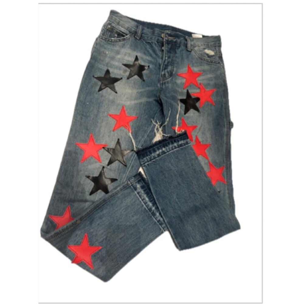 Y2K Star Patch Jeans Wide Leg Distressed Denim Festival Carpenter Pants
